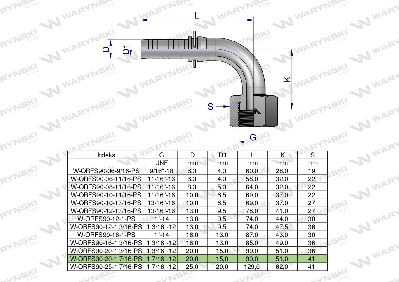 Zakucie hydrauliczne ORFS90 DN20 1 7/16-12 PREMIUM Waryński ( sprzedawane po 2 )