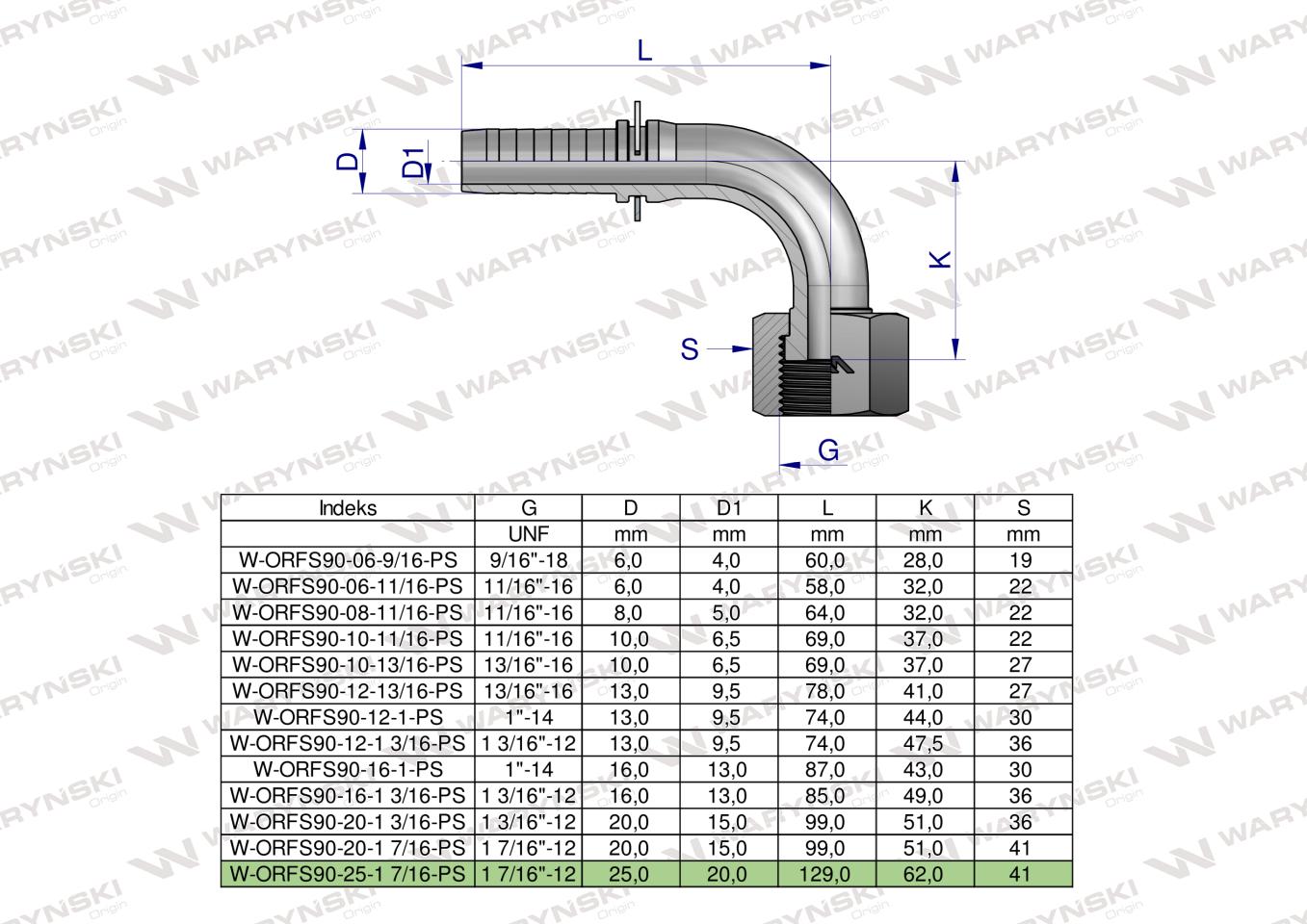Zakucie hydrauliczne ORFS90 DN25 1 7/16-12 PREMIUM Waryński