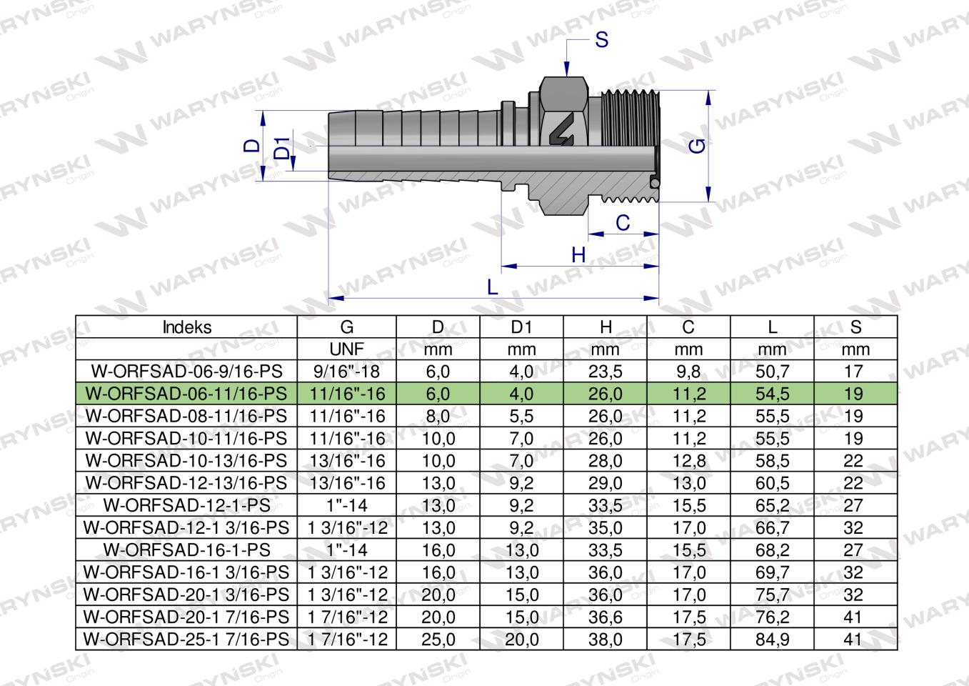 Zakucie hydrauliczne ORFSAD DN06 11/16"-16 PREMIUM Waryński ( sprzedawane po 5 )