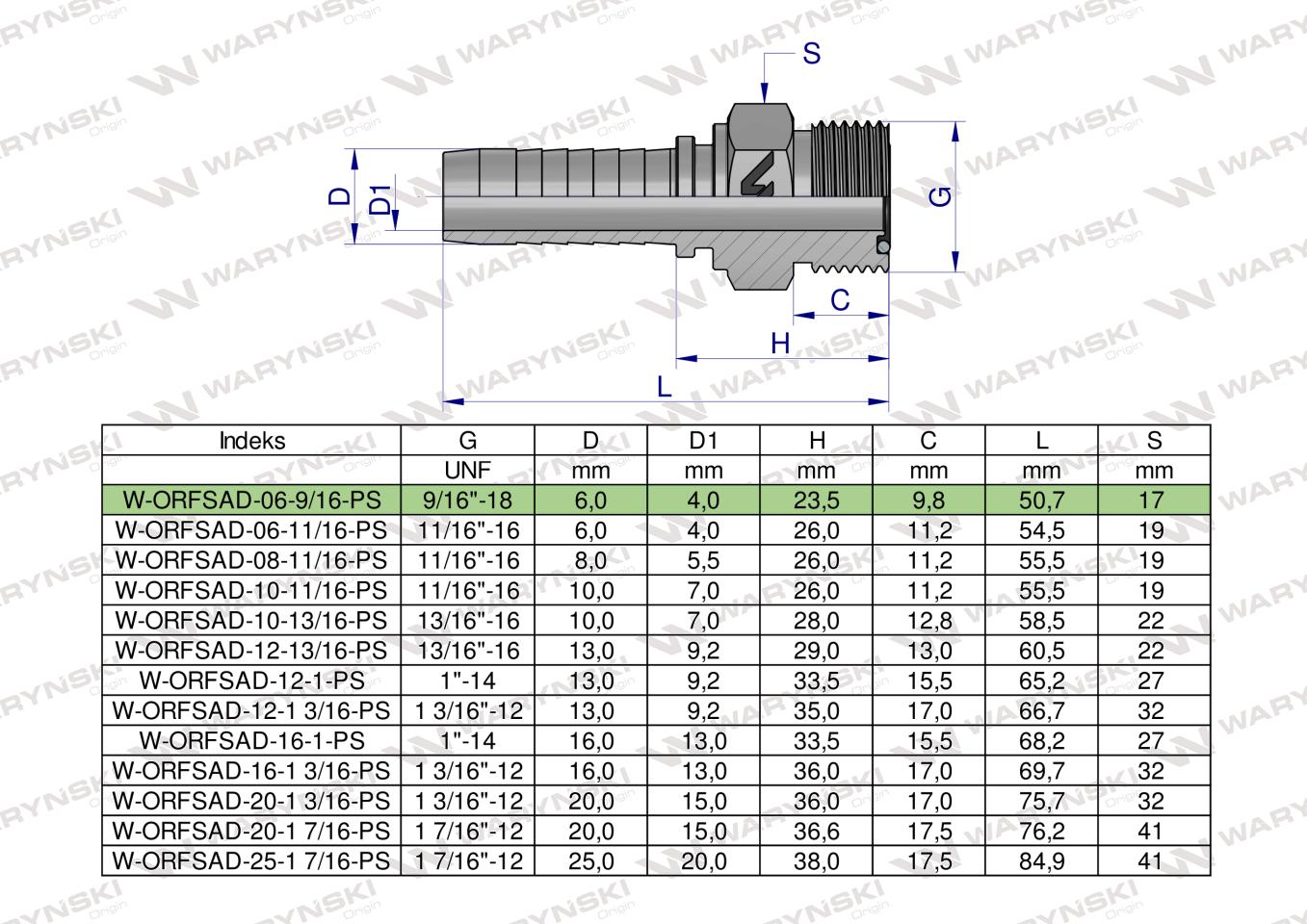 Zakucie hydrauliczne ORFSAD DN06 9/16"-18 PREMIUM Waryński ( sprzedawane po 5 )