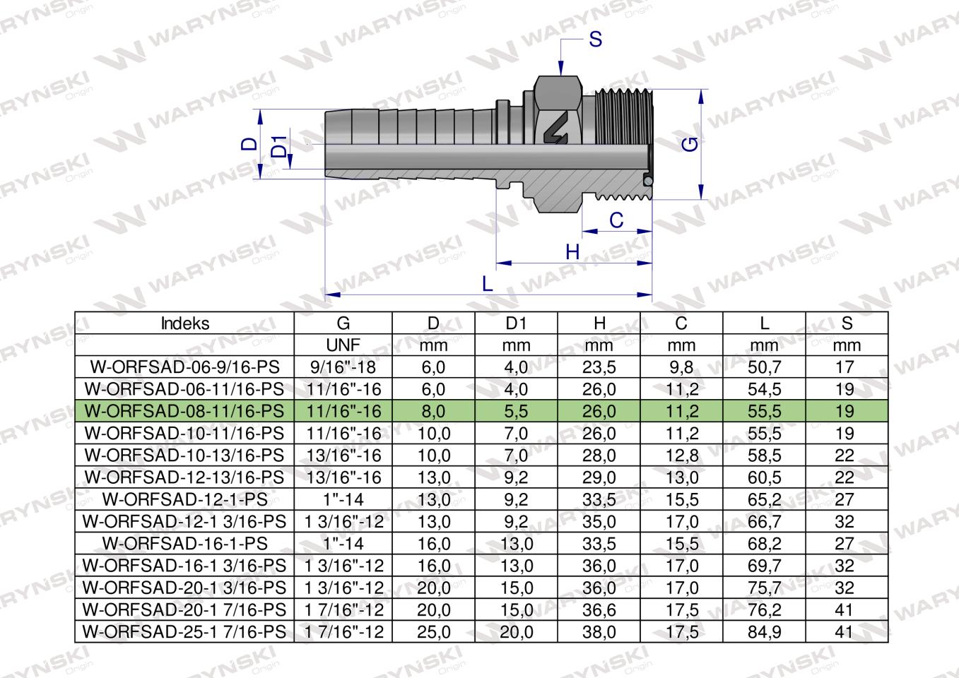 Zakucie hydrauliczne ORFSAD DN08 11/16"-16 PREMIUM Waryński ( sprzedawane po 10 )