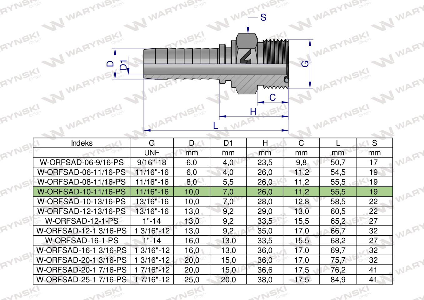 Zakucie hydrauliczne ORFSAD DN10 11/16"-16 PREMIUM Waryński ( sprzedawane po 10 )