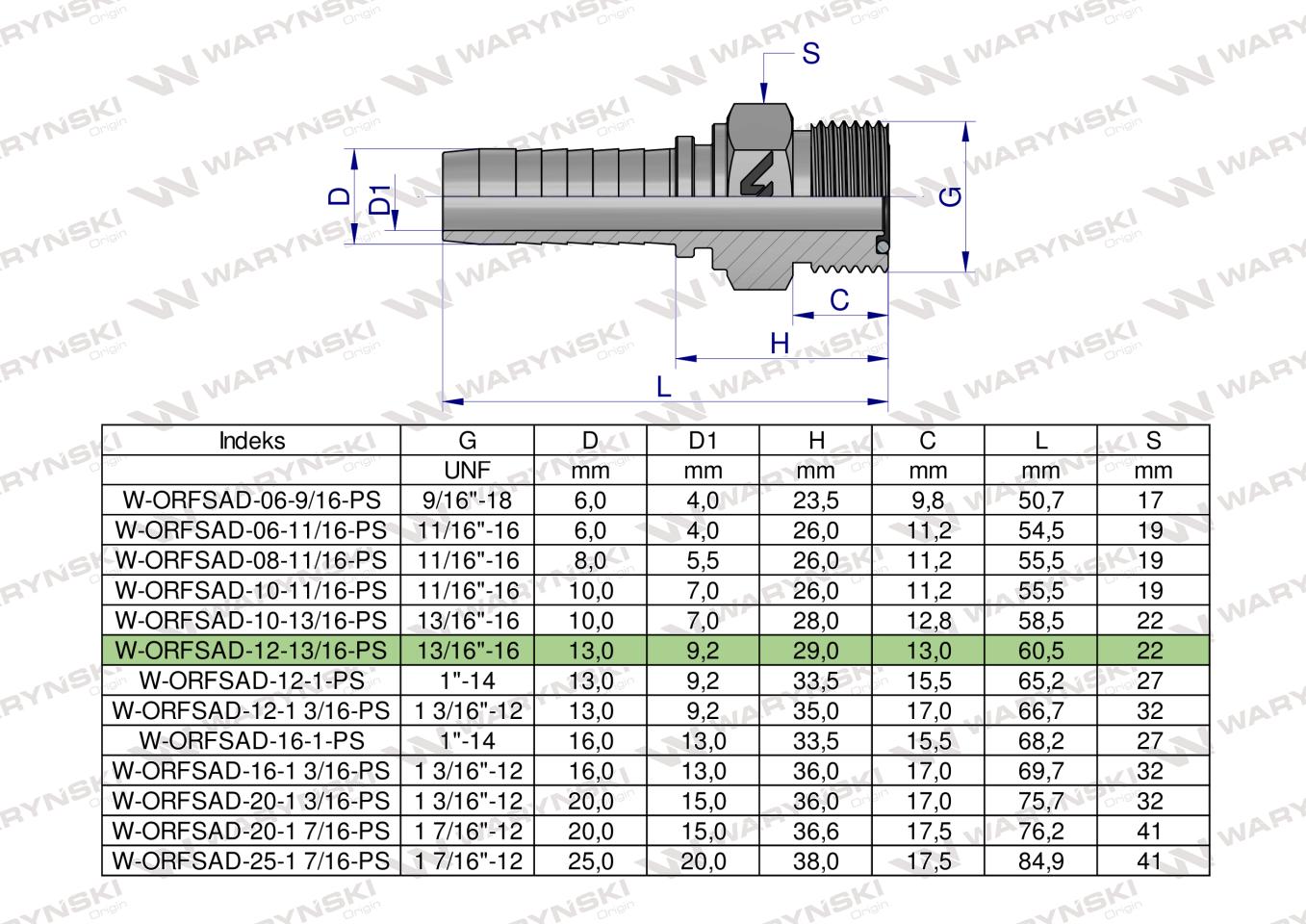 Zakucie hydrauliczne ORFSAD DN13 13/16"-16 PREMIUM Waryński ( sprzedawane po 5 )
