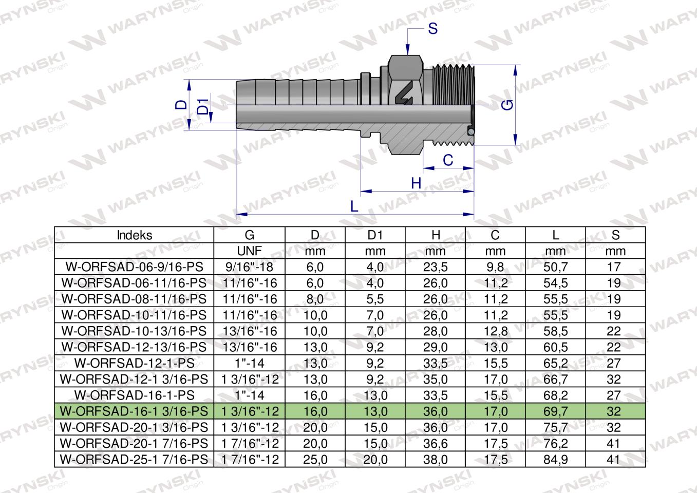 Zakucie hydrauliczne ORFSAD DN16 1 3/16"-12 PREMIUM Waryński ( sprzedawane po 5 )