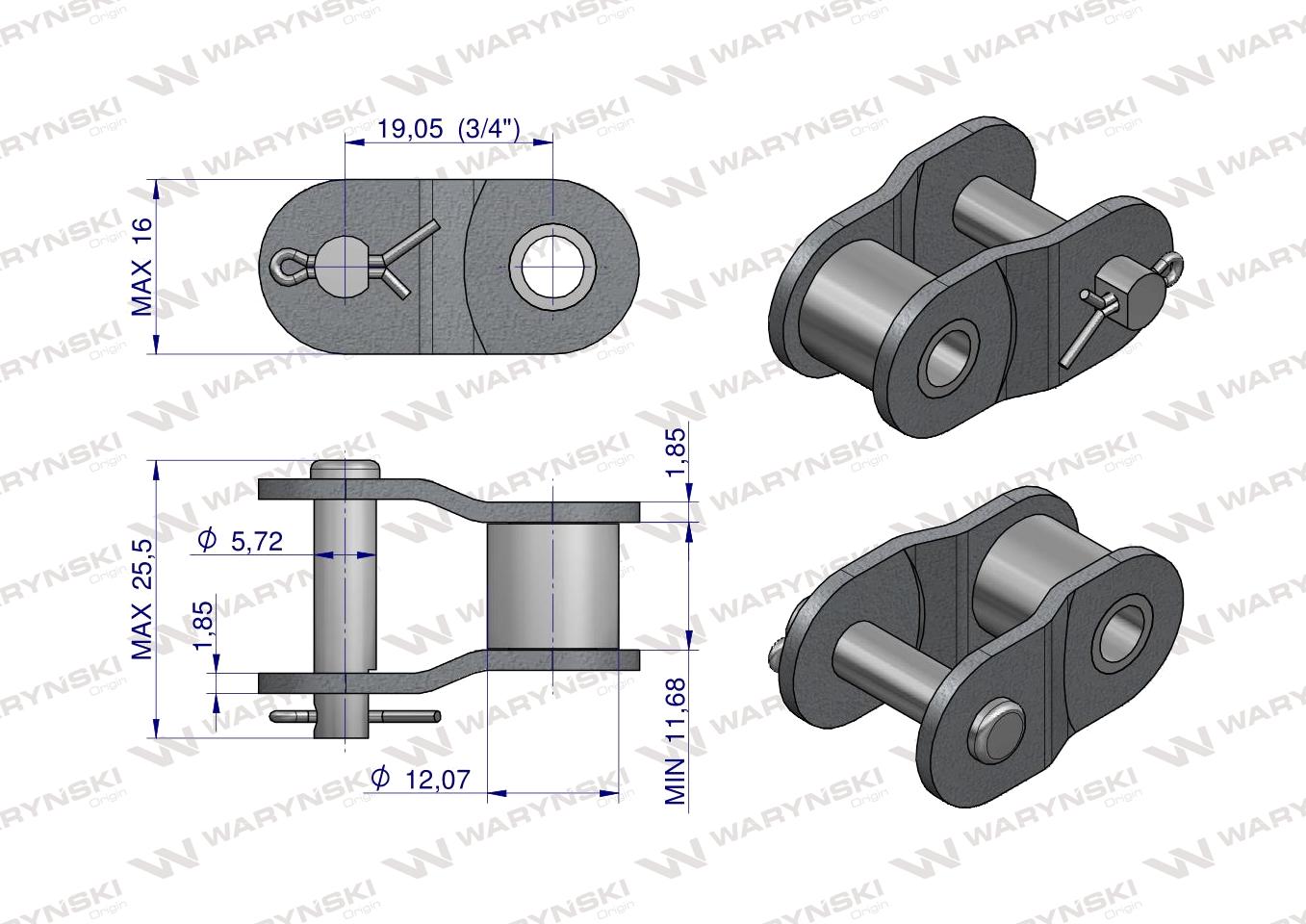 Półogniwo łańcucha prosta płytka P12B-1 (R1 3/4) Waryński ( sprzedawane po 10 )