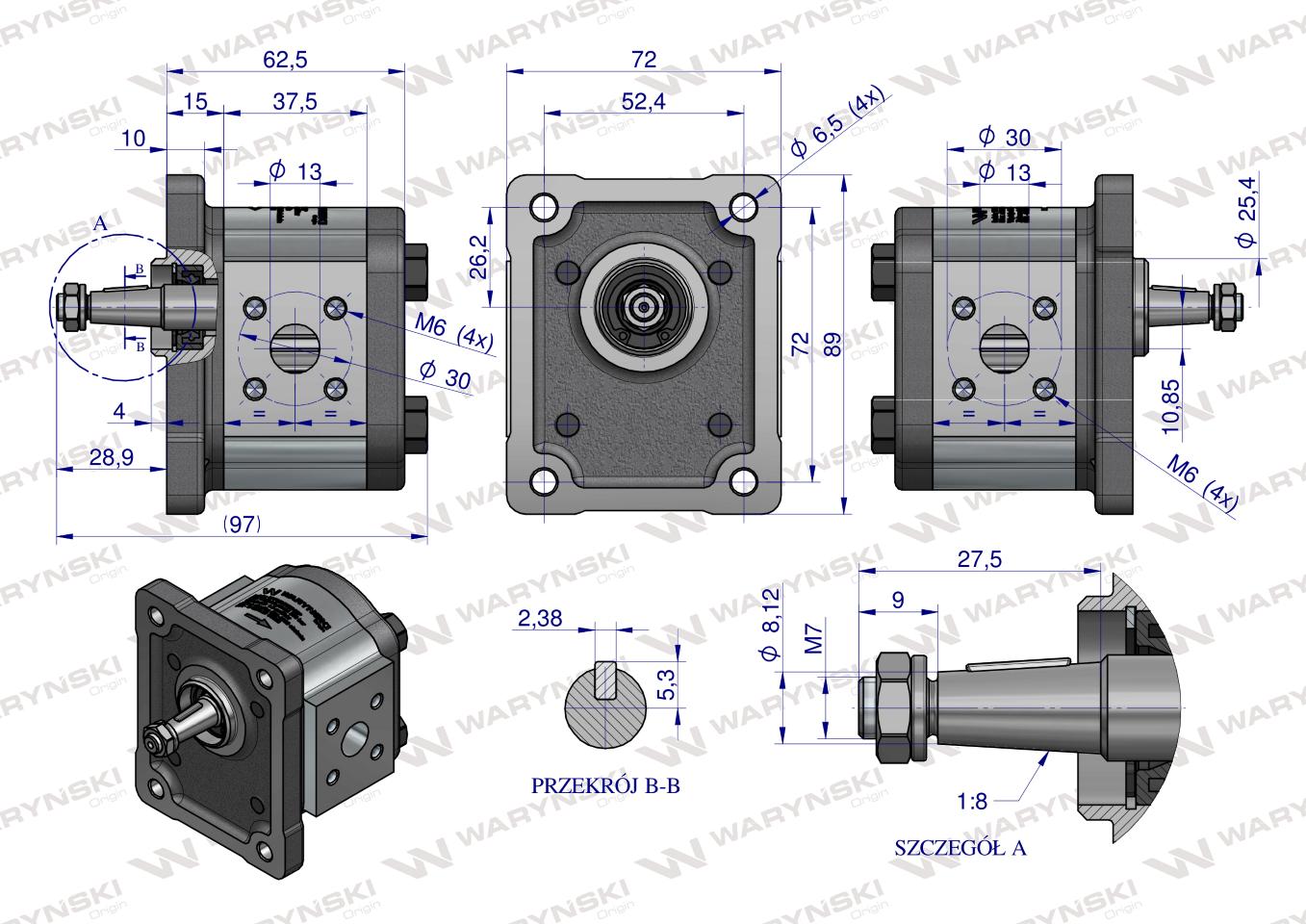 Pompa hydrauliczna zębata 1.5cm3 (grupa 1 - typ europejski) wałek 1:8 (obroty prawe) max.260 bar Waryński