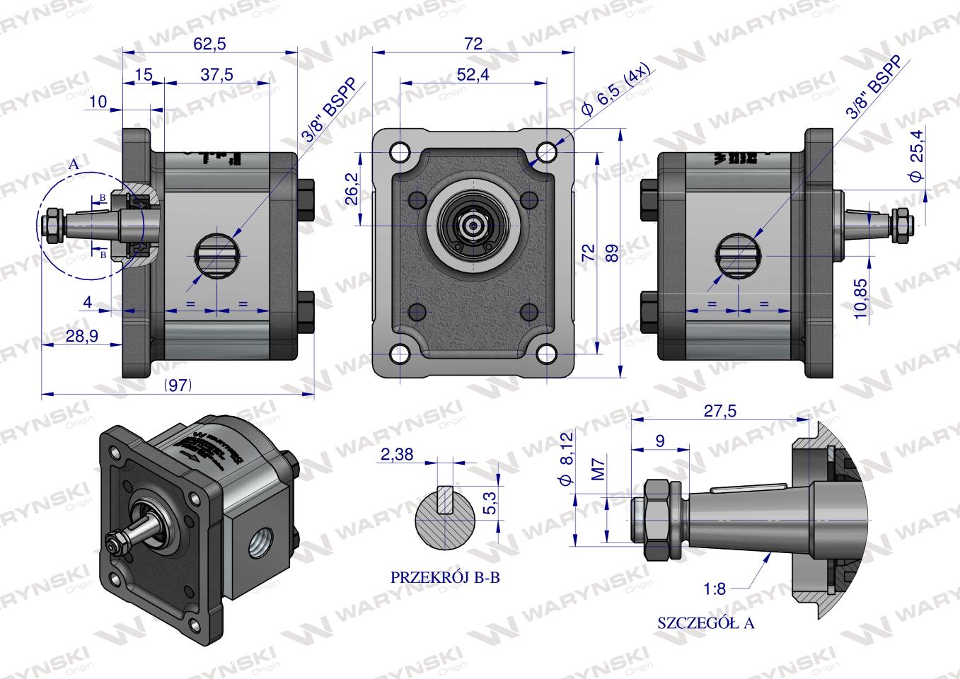 Pompa hydrauliczna zębata 1.5cm3 (grupa 1 - typ europejski) wałek 1:8 przyłącza obustronnie gwinty wewnętrzne 3/8 (obroty prawe) max.260 bar Waryński