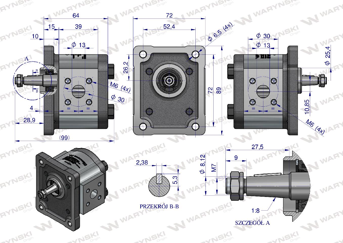 Pompa hydrauliczna zębata 1.9cm3 (grupa 1 - typ europejski) wałek 1:8 (obroty prawe) max.260 bar Waryński