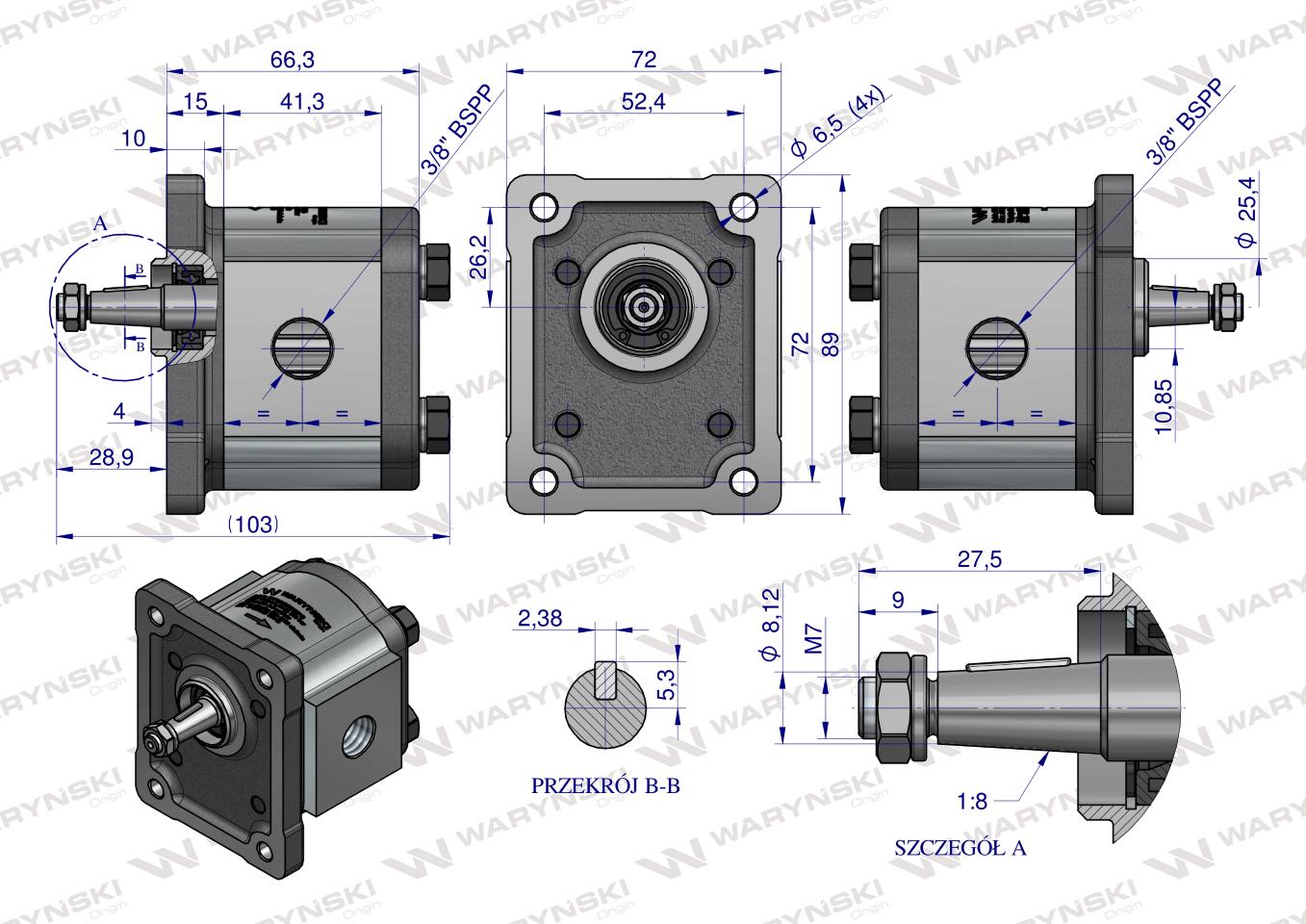 Pompa hydrauliczna zębata 2.5cm3 (grupa 1 - typ europejski) wałek 1:8 przyłącza obustronnie gwinty wewnętrzne 3/8 (obroty prawe) max.260 bar Waryński
