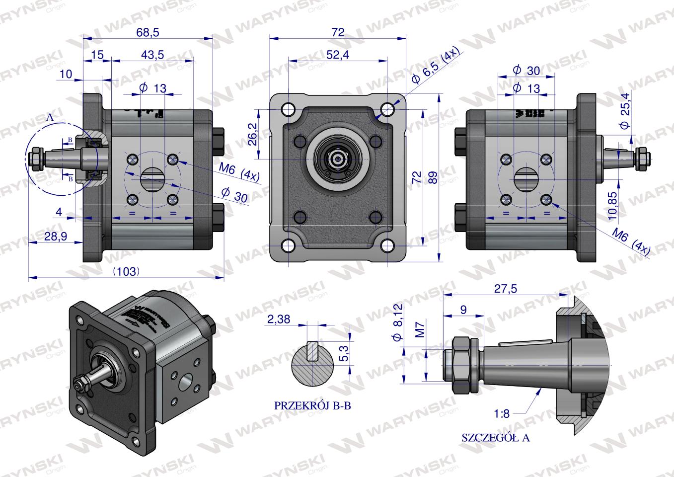 Pompa hydrauliczna zębata 3.1cm3 (grupa 1 - typ europejski) wałek 1:8 (obroty prawe) max.260 bar Waryński