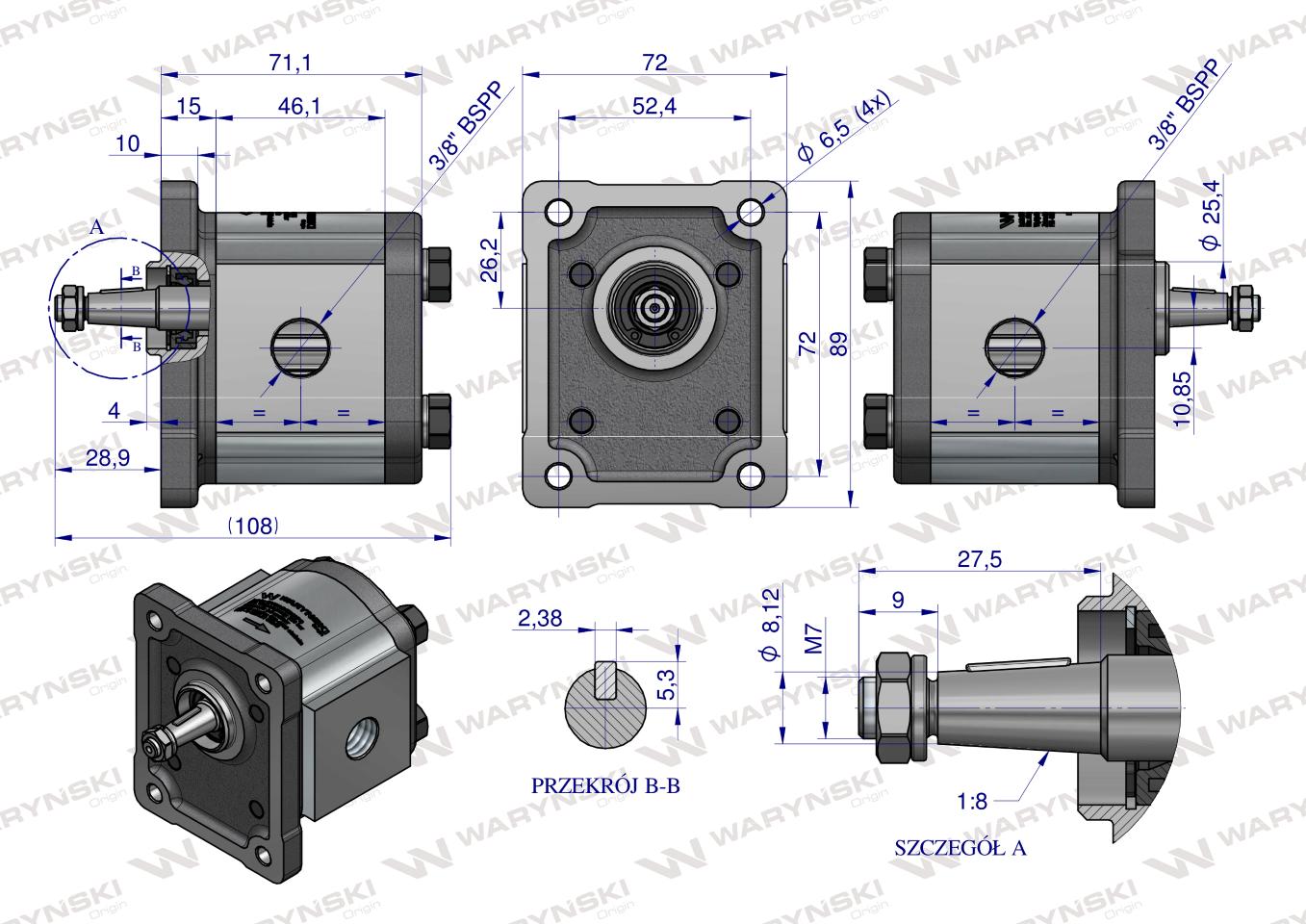 Pompa hydrauliczna zębata 3.8cm3 (grupa 1 - typ europejski) wałek 1:8 przyłącza obustronnie gwinty wewnętrzne 3/8 (obroty prawe) max.260 bar Waryński
