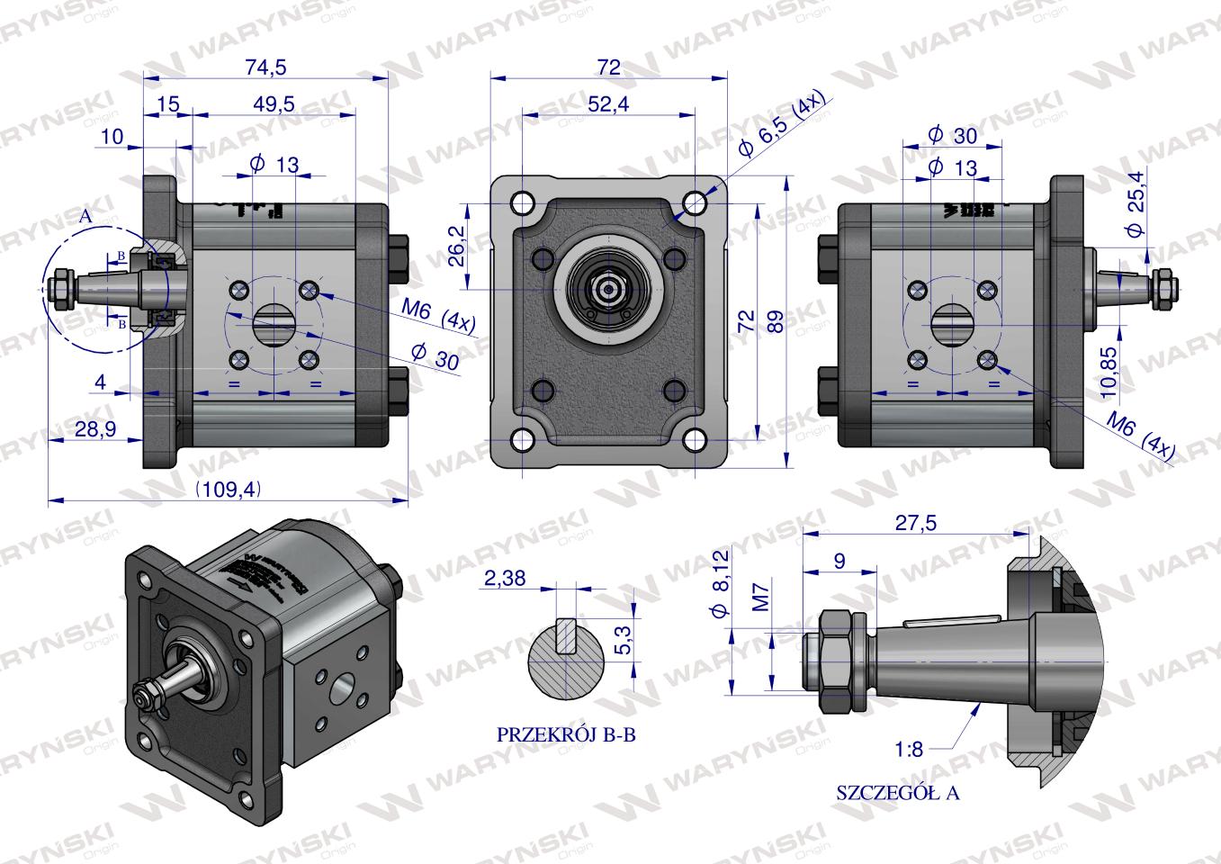 Pompa hydrauliczna zębata 4.7cm3 (grupa 1 - typ europejski) wałek 1:8 (obroty prawe) max.240 bar Waryński
