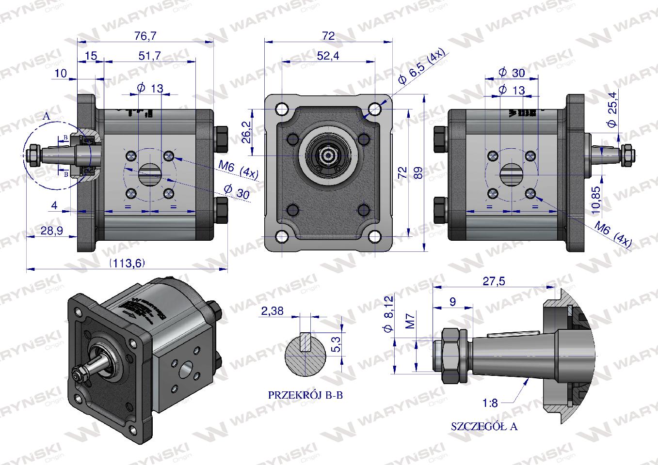 Pompa hydrauliczna zębata 5.3cm3 (grupa 1 - typ europejski) wałek 1:8 (obroty prawe) max.240 bar Waryński