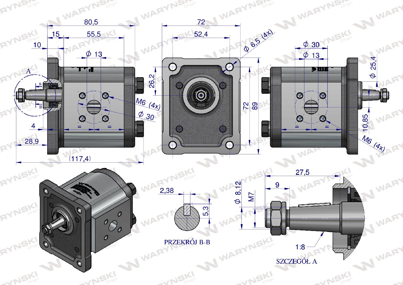 Pompa hydrauliczna zębata 6.3cm3 (grupa 1 - typ europejski) wałek 1:8 (obroty prawe) max.230 bar Waryński