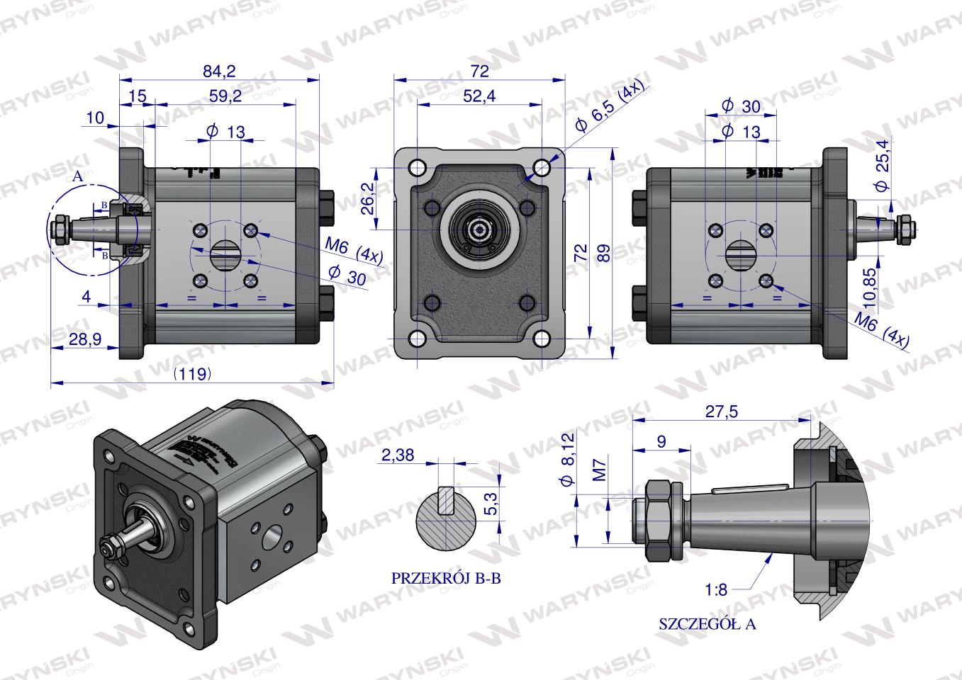 Pompa hydrauliczna zębata 7.5cm3 (grupa 1 - typ europejski) wałek 1:8 (obroty prawe) max.180 bar Waryński