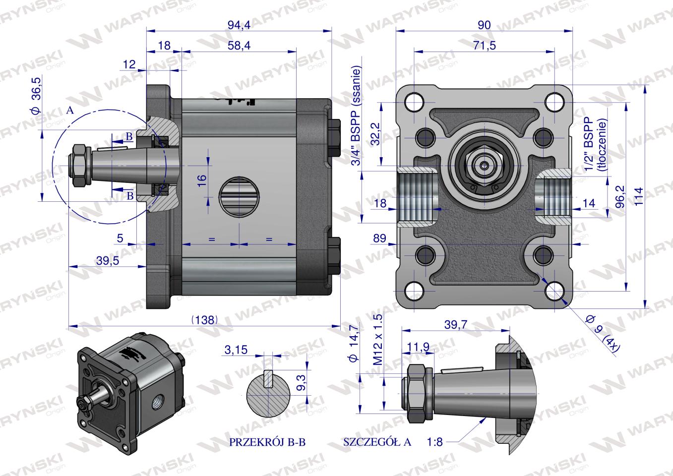 Pompa hydrauliczna zębata 11.0cm3 (grupa 2 - typ europejski) wałek 1:8 przyłącza gwintowane 1/2"-3/4" (obroty prawe) max.260 bar Waryński