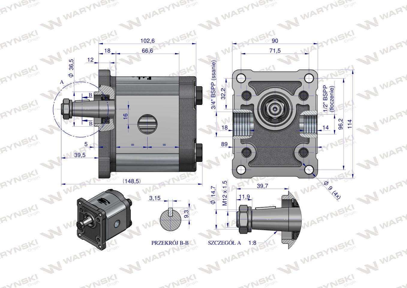 Pompa hydrauliczna zębata 16.0cm3 (grupa 2 - typ europejski) wałek 1:8 przyłącza gwintowane (obroty prawe) max.260 bar Waryński