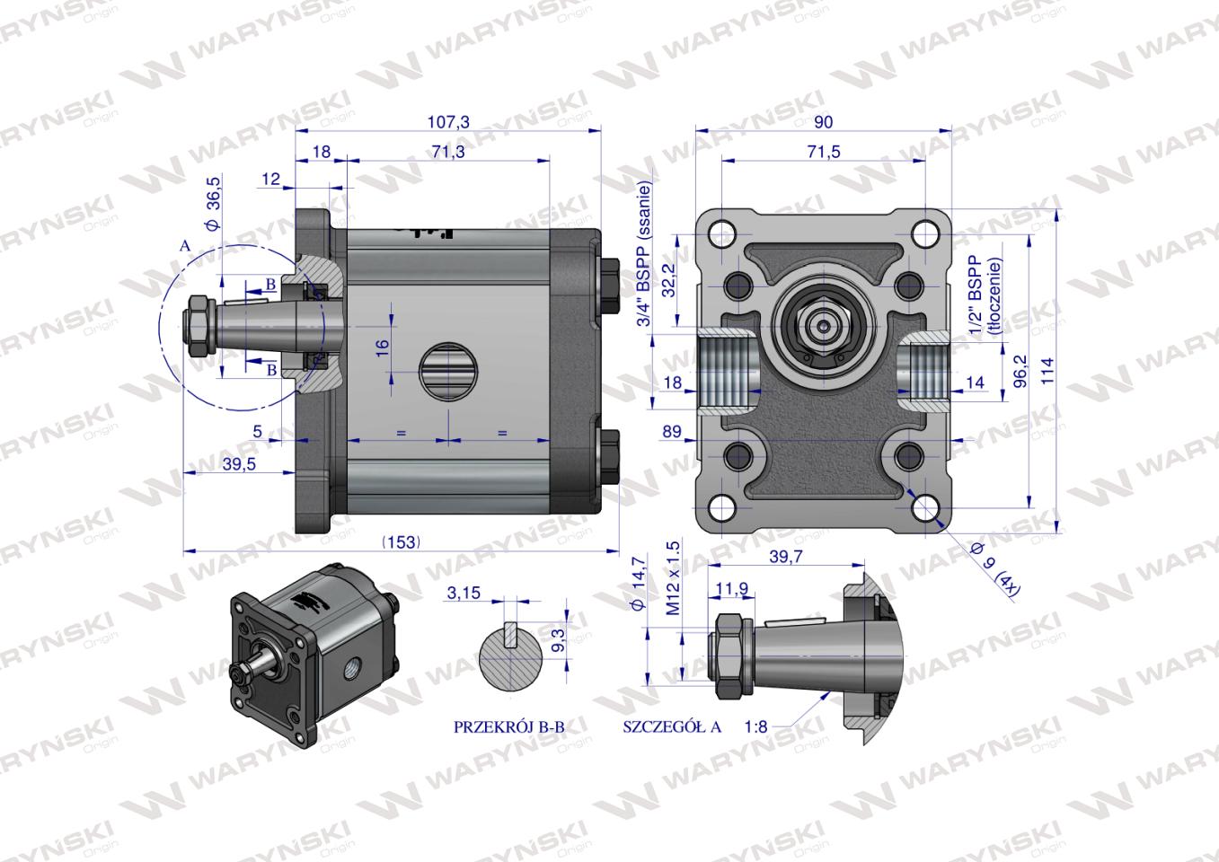 Pompa hydrauliczna zębata 20.0cm3 (grupa 2 - typ europejski) wałek 1:8 przyłącza gwintowane (obroty prawe) max.210 bar Waryński