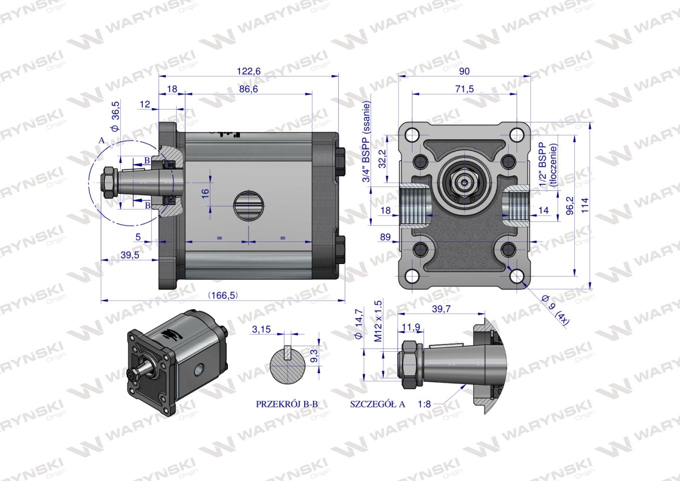 Pompa hydrauliczna zębata 25.0cm3 (grupa 2 - typ europejski) wałek 1:8 przyłącza gwintowane (obroty prawe) max.180 bar Waryński