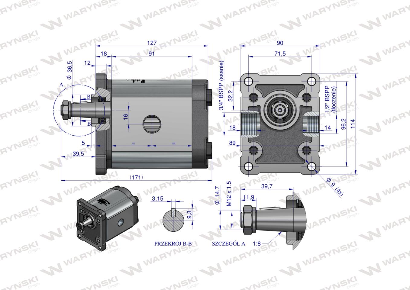 Pompa hydrauliczna zębata 28.0cm3 (grupa 2 - typ europejski) wałek 1:8 przyłącza gwintowane (obroty prawe) max.160 bar Waryński