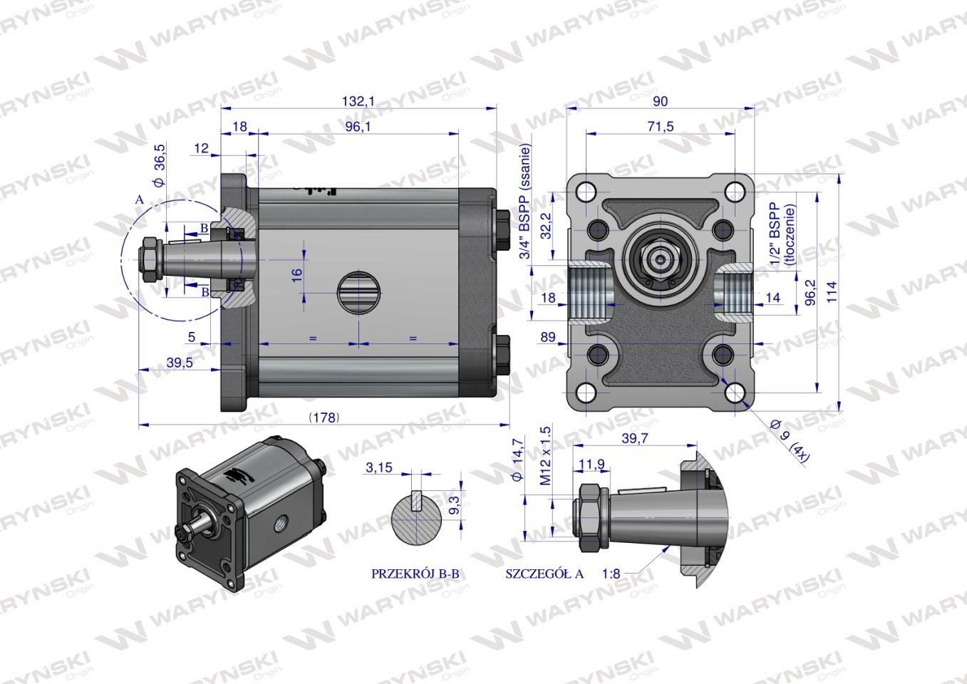 Pompa hydrauliczna zębata 31.0cm3 (grupa 2 - typ europejski) wałek 1:8 przyłącza gwintowane (obroty prawe) max.150 bar Waryński