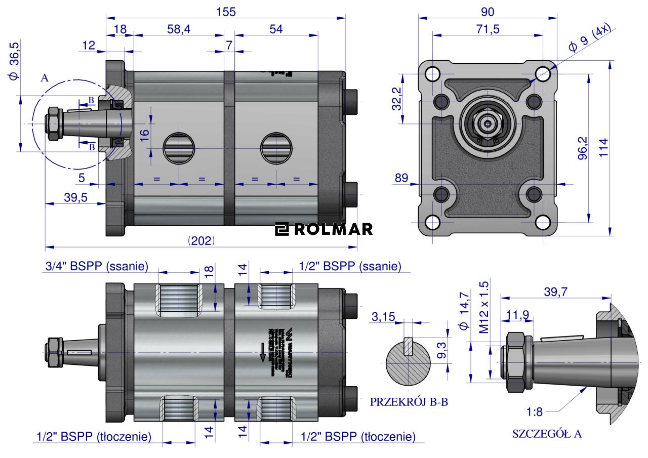Pompa hydrauliczna zębata podwójna 11+8 cm3 (grupa 2+2 - typ europejski) wałek 1:8 przyłącza gwintowane 1/2"-3/4" (obroty prawe) max.260 bar Waryński