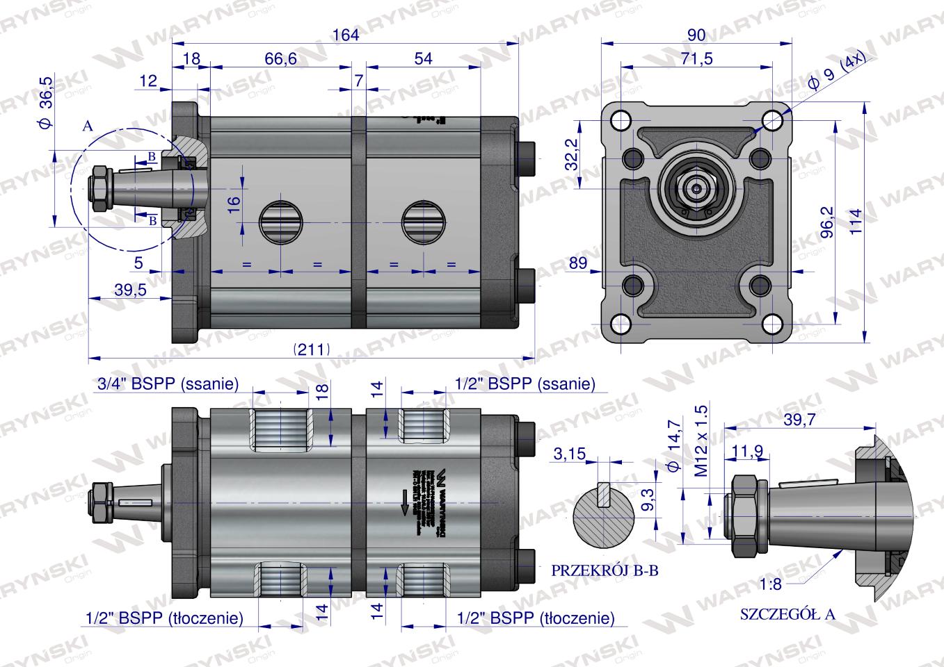 Pompa hydrauliczna zębata podwójna 16+8 cm3 (grupa 2+2 - typ europejski) wałek 1:8 przyłącza gwintowane (obroty prawe) max.260 bar Waryński