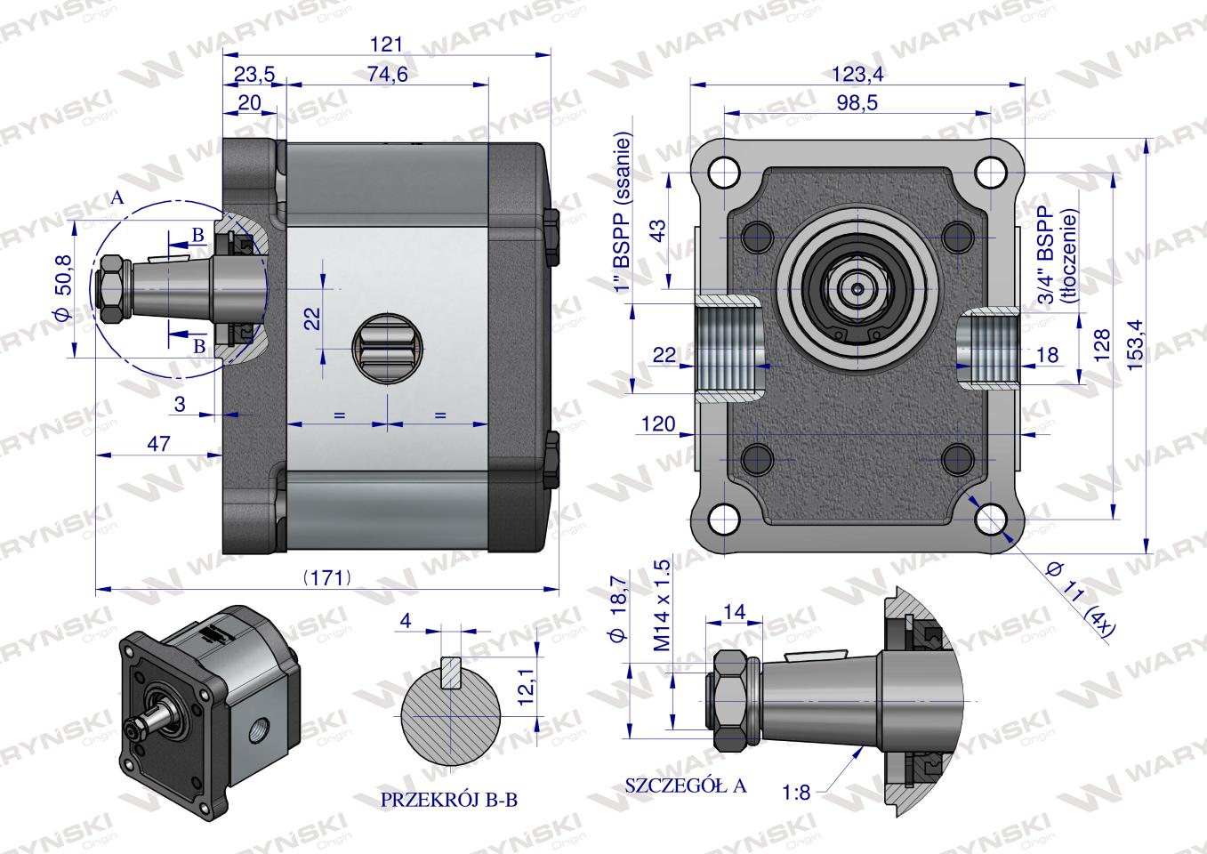 Pompa hydrauliczna zębata 27.0cm3 (grupa 3 - typ europejski) wałek 1:8 przyłącza gwintowane (obroty prawe) max.250 bar Waryński