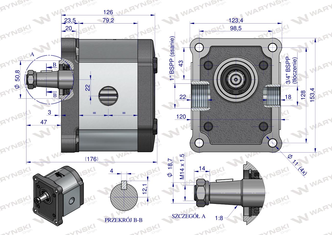 Pompa hydrauliczna zębata 33.0cm3 (grupa 3 - typ europejski) wałek 1:8 przyłącza gwintowane (obroty prawe) max.240 bar Waryński