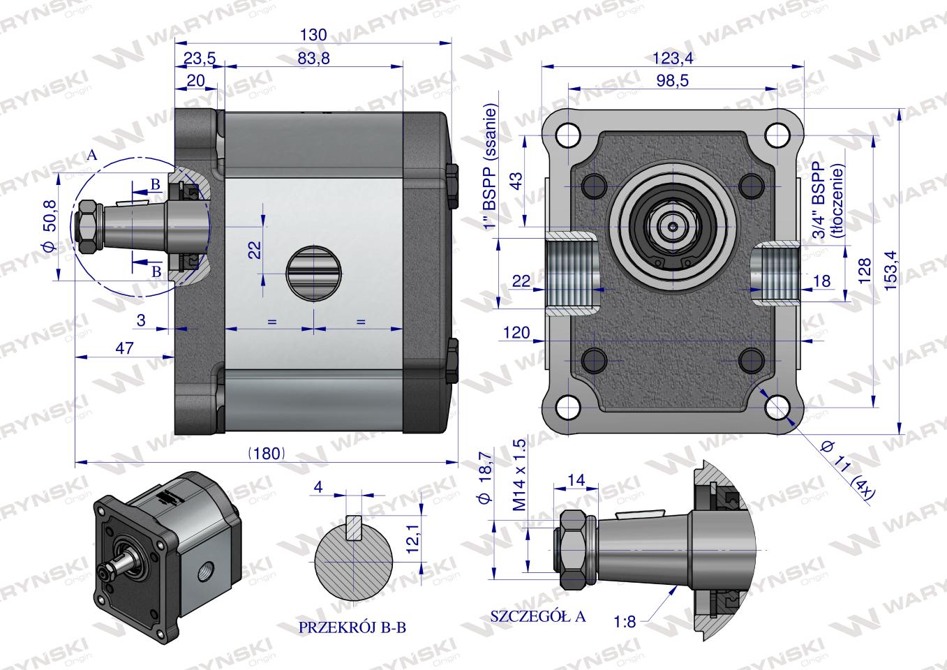 Pompa hydrauliczna zębata 39.0cm3 (grupa 3 - typ europejski) wałek 1:8 przyłącza gwintowane (obroty prawe) max.240 bar Waryński