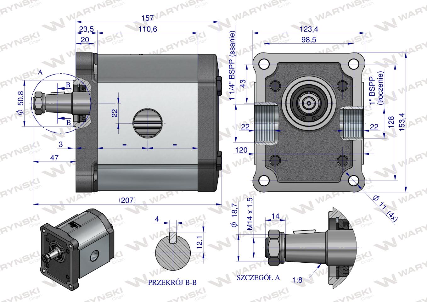 Pompa hydrauliczna zębata 61.0cm3 (grupa 3 - typ europejski) wałek 1:8 przyłącza gwintowane (obroty prawe) max.190 bar Waryński