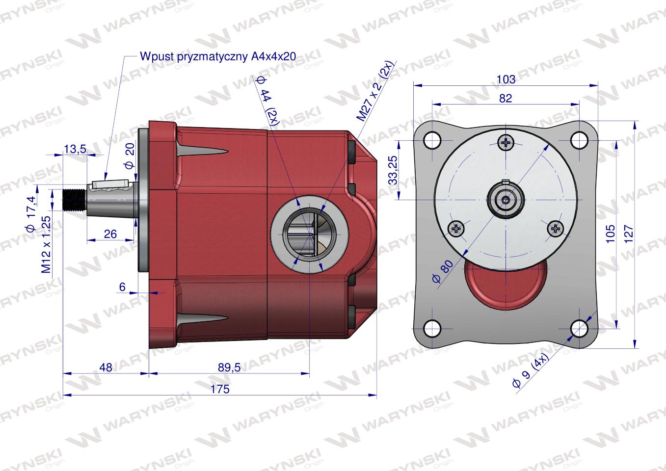 Pompa hydrauliczna zębata do Bizon Z-050 stary typ PZS-KP-25 (obroty lewe) 16Mpa w korpusie żeliwnym Waryński