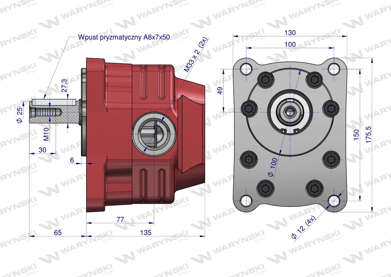 Pompa hydrauliczna zębata do Cyklop PZS-KZ-40P (obroty prawe) 20Mpa w korpusie żeliwnym Waryński