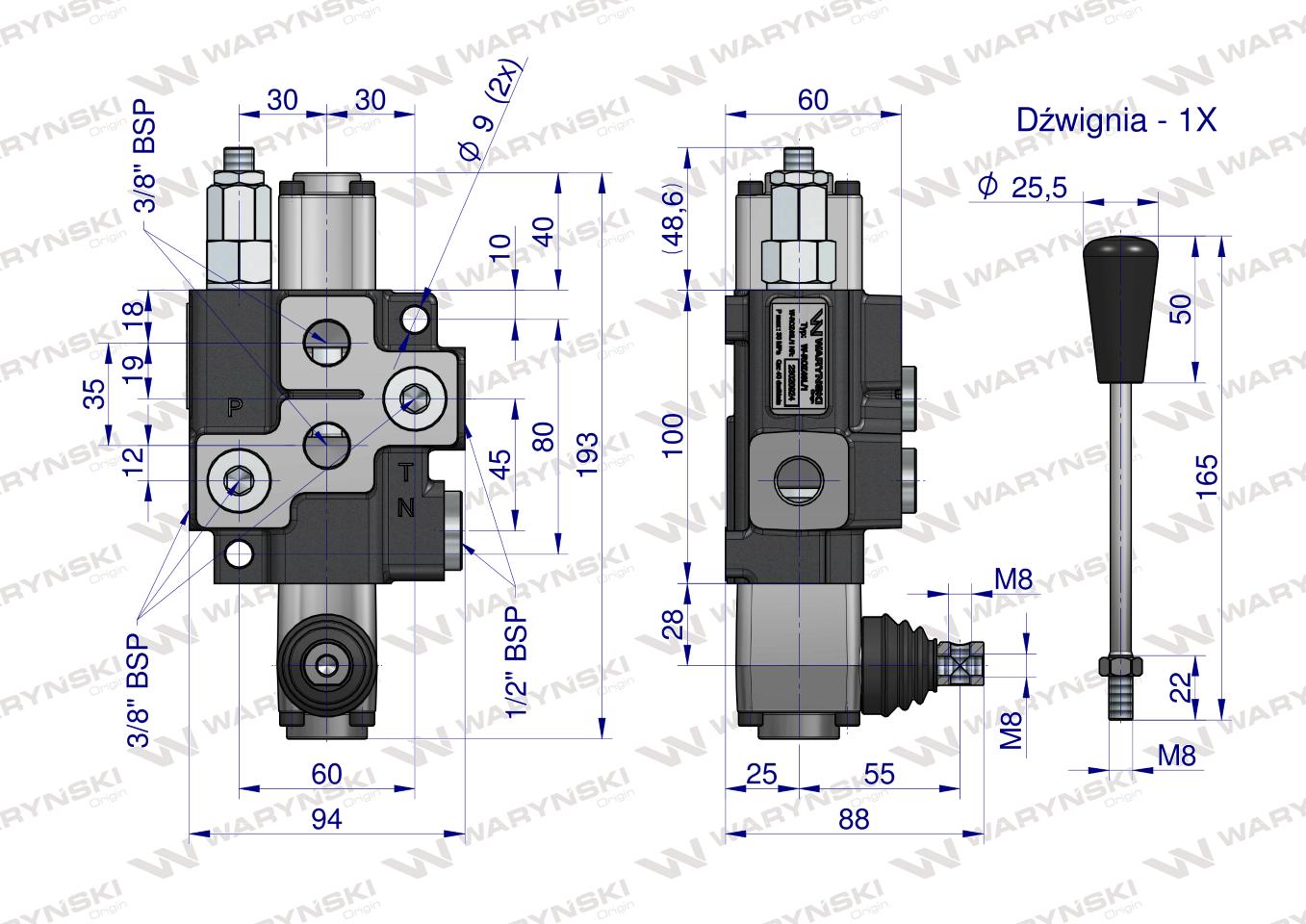 Rozdzielacz hydrauliczny 1-sekcyjny max przepływ 40L  Waryński