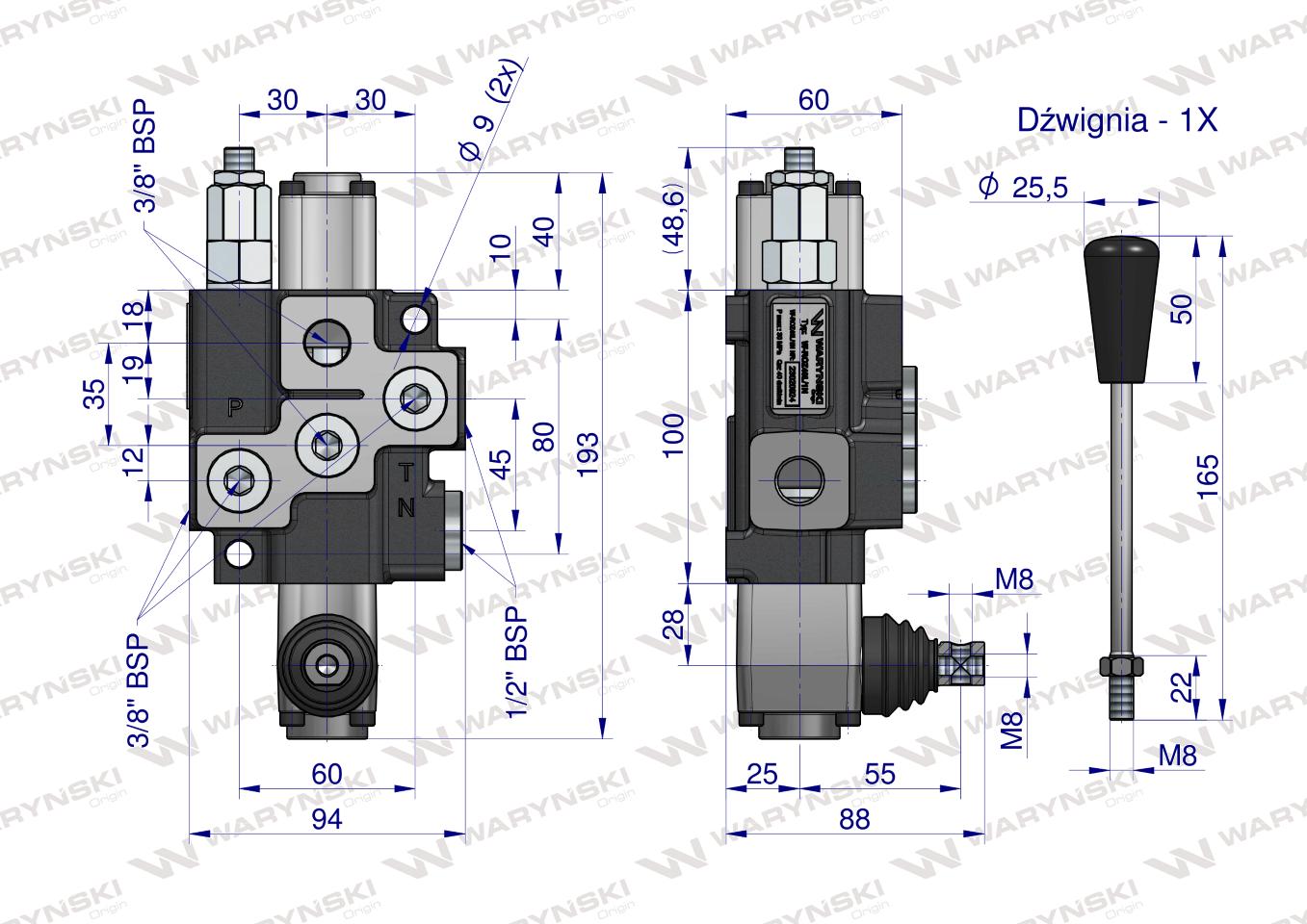 Rozdzielacz hydrauliczny 1-sekcyjny (sekcja nurnikowa) max przepływ 40L Waryński