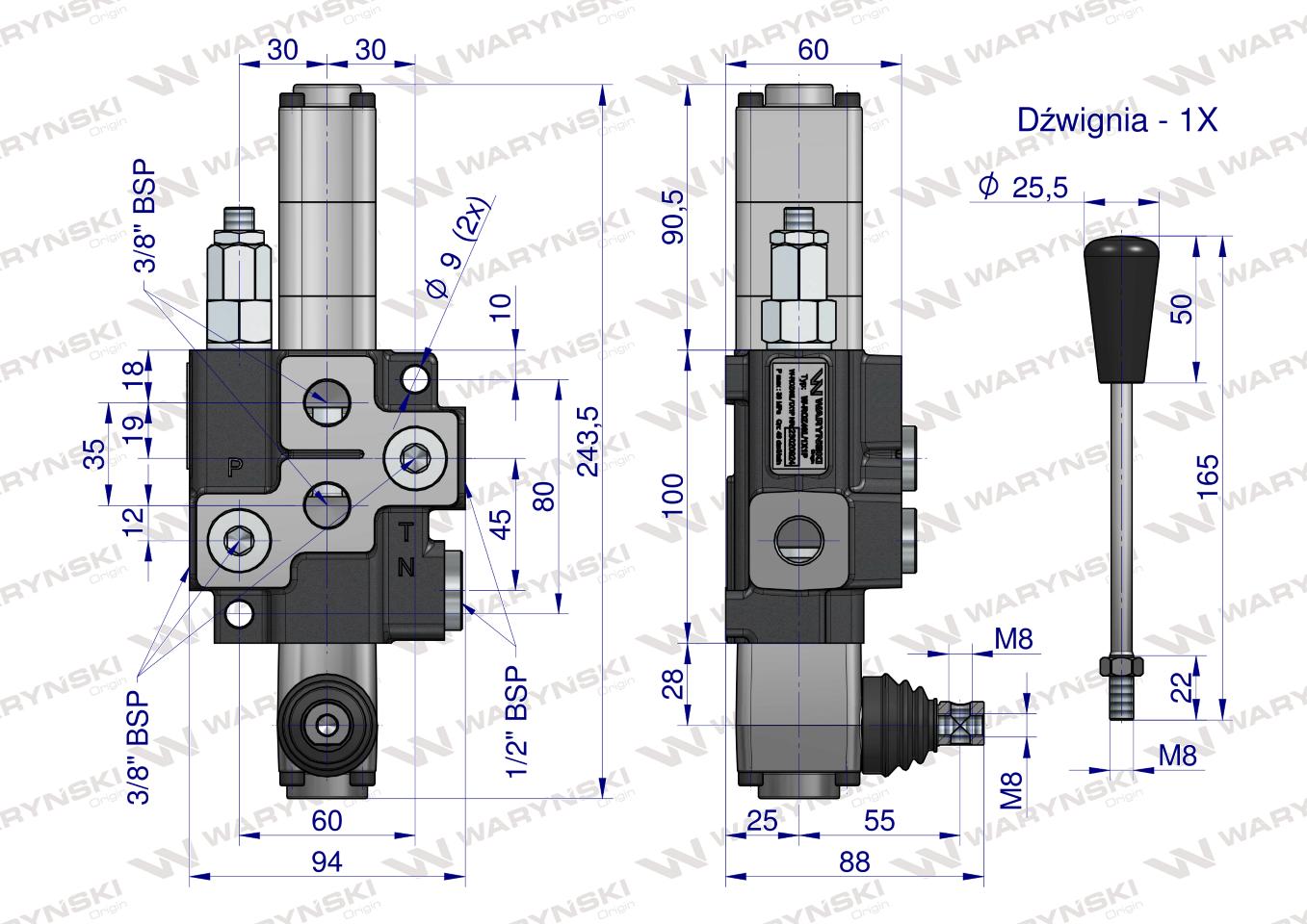 Rozdzielacz hydrauliczny 1-sekcyjny max przepływ 40L  z sekcją pływającą Waryński