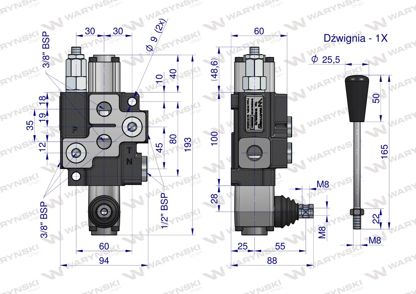 Rozdzielacz hydrauliczny 1-sekcyjny max przepływ 40L  z zatrzaskiem Waryński