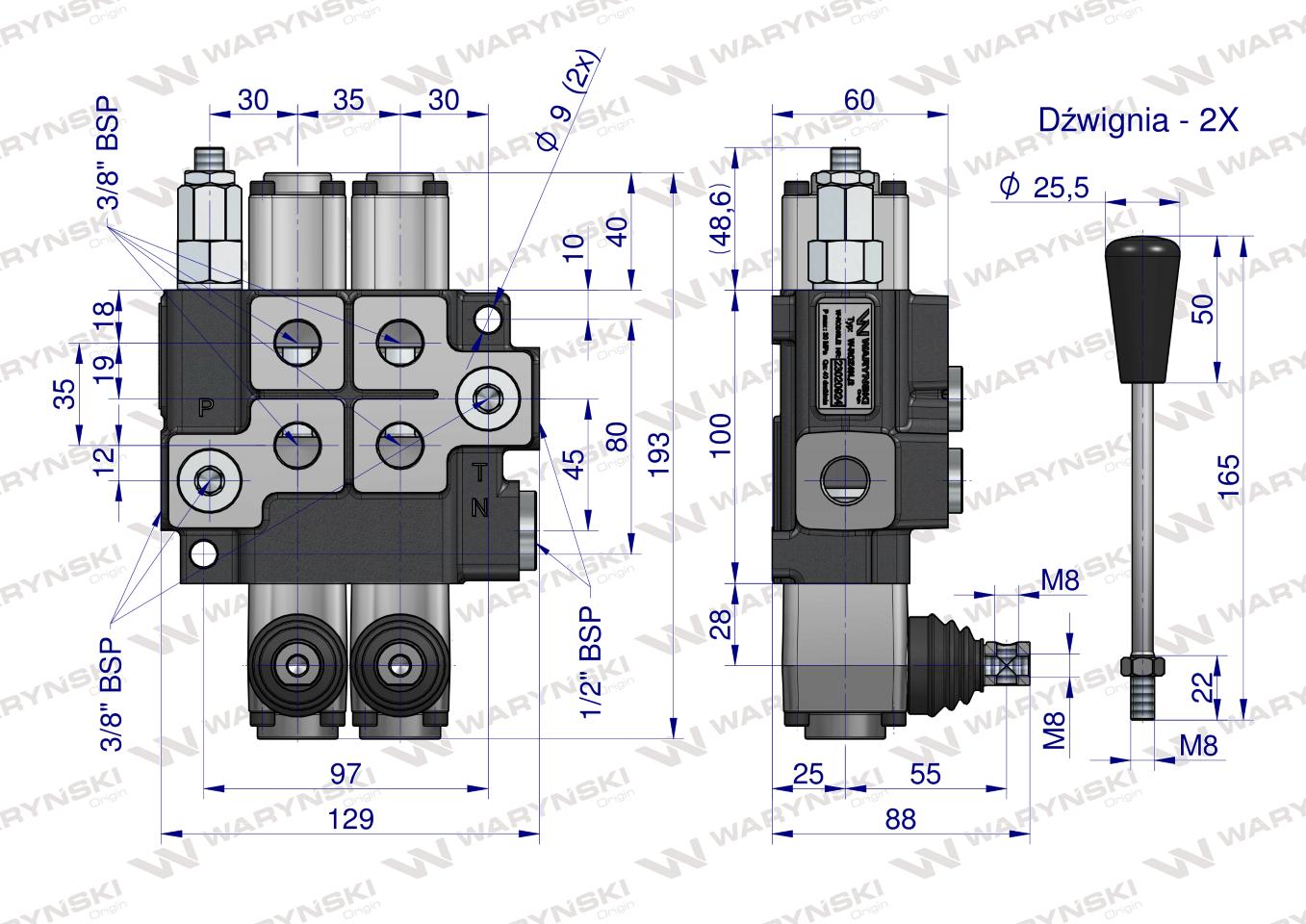 Rozdzielacz hydrauliczny 2-sekcyjny max przepływ 40L  Waryński