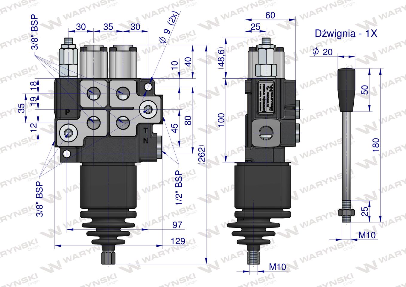 Rozdzielacz hydrauliczny 2-sekcyjny max przepływ 40L  z joystickiem  Waryński