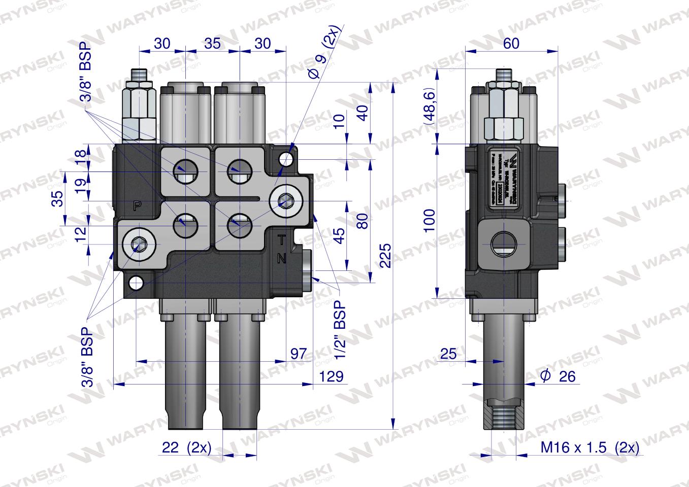 Rozdzielacz hydrauliczny dwusekcyjny (2) 40L sterowany joystickiem Waryński