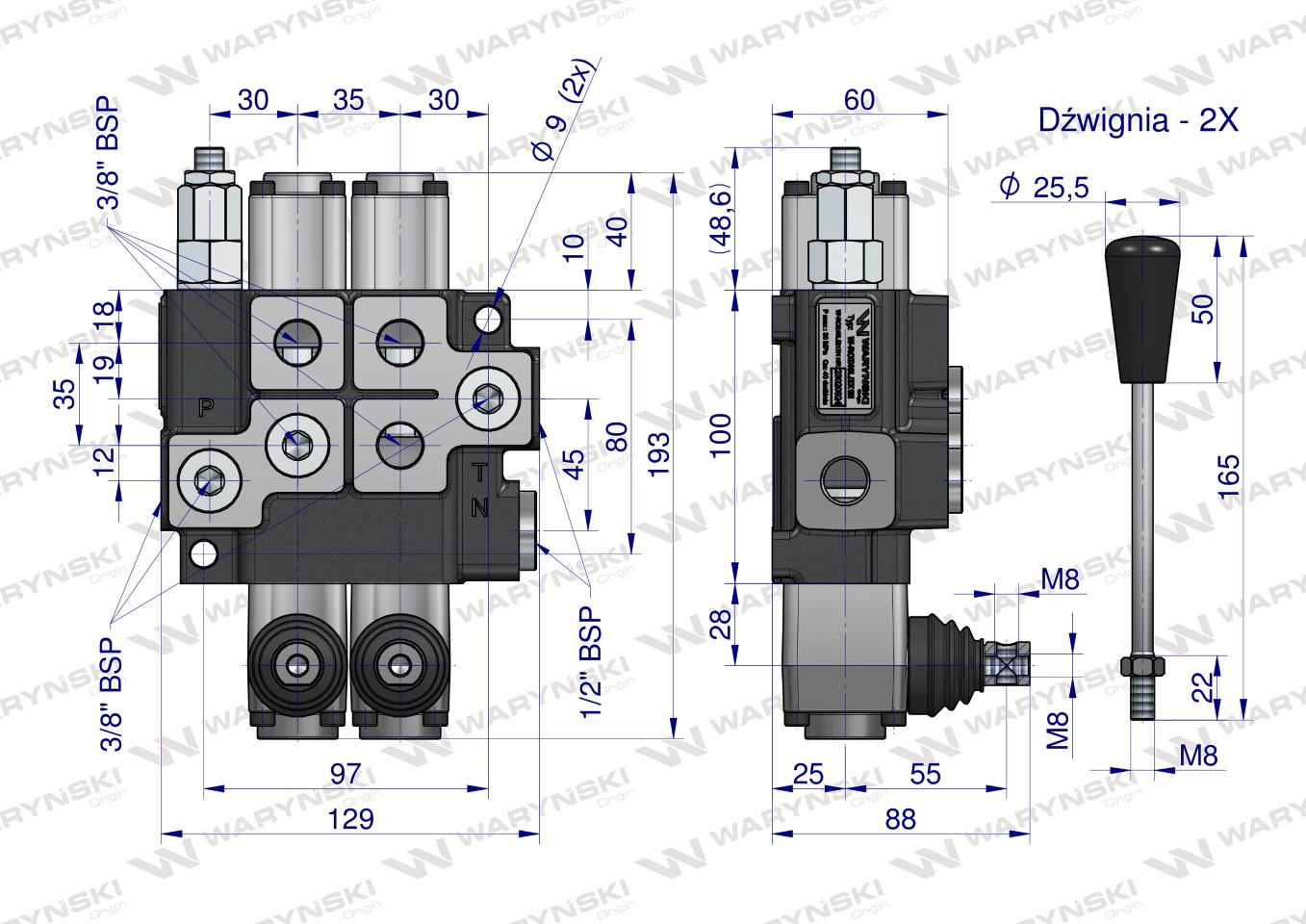 Rozdzielacz hydrauliczny 2-sekcyjny max przepływ 40L (1-sekcja nurnikowa) Waryński