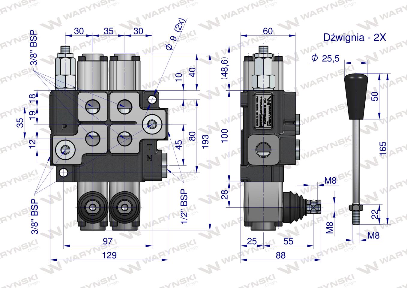Rozdzielacz hydrauliczny 2-sekcyjny max przepływ 40L (1 sekcja - z zatrzaskiem) Waryński