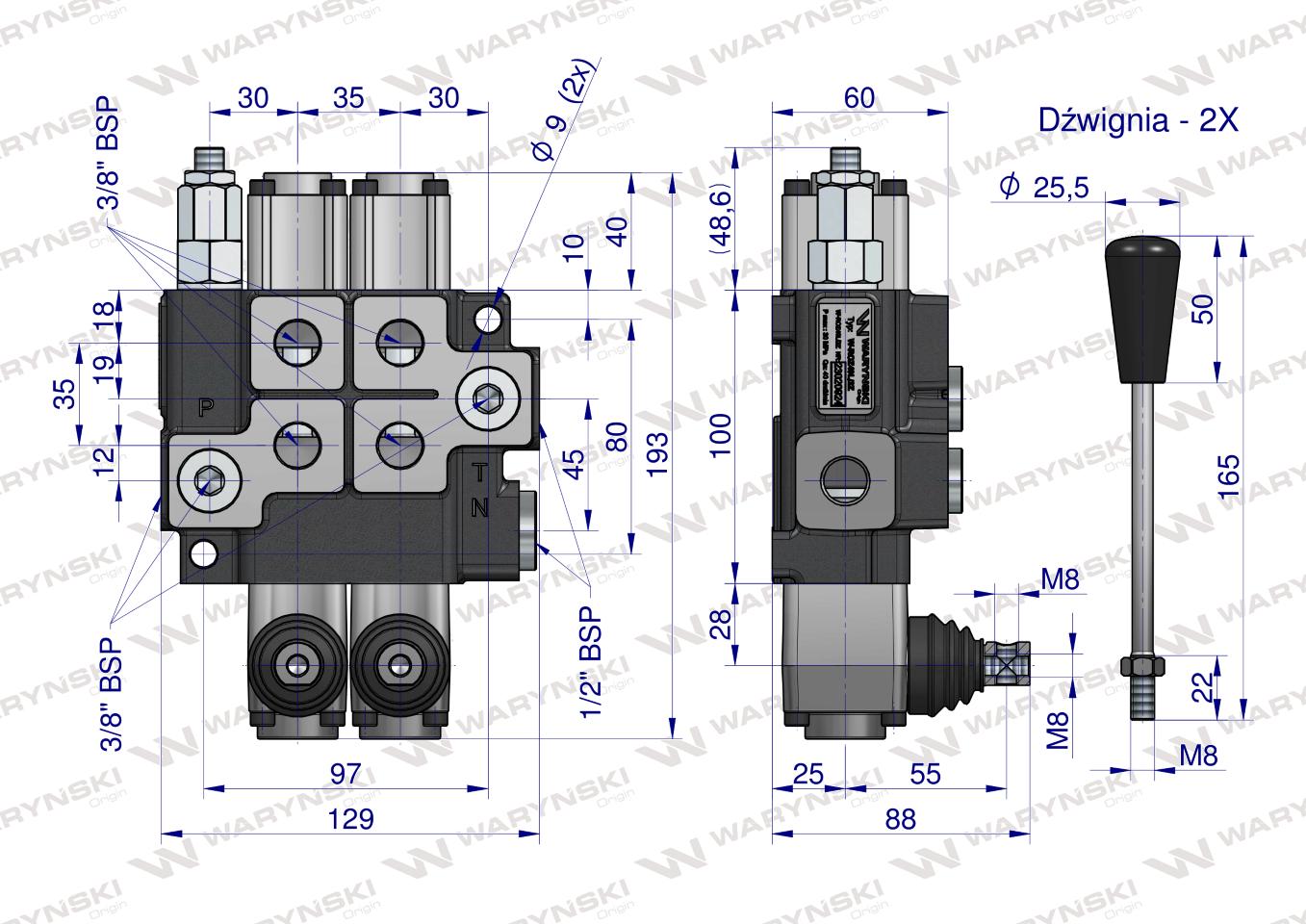 Rozdzielacz hydrauliczny 2-sekcyjny max przepływ 40L z zatrzaskami Waryński