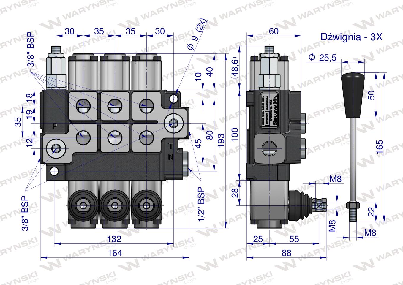 Rozdzielacz hydrauliczny 3-sekcyjny max przepływ 40L  Waryński