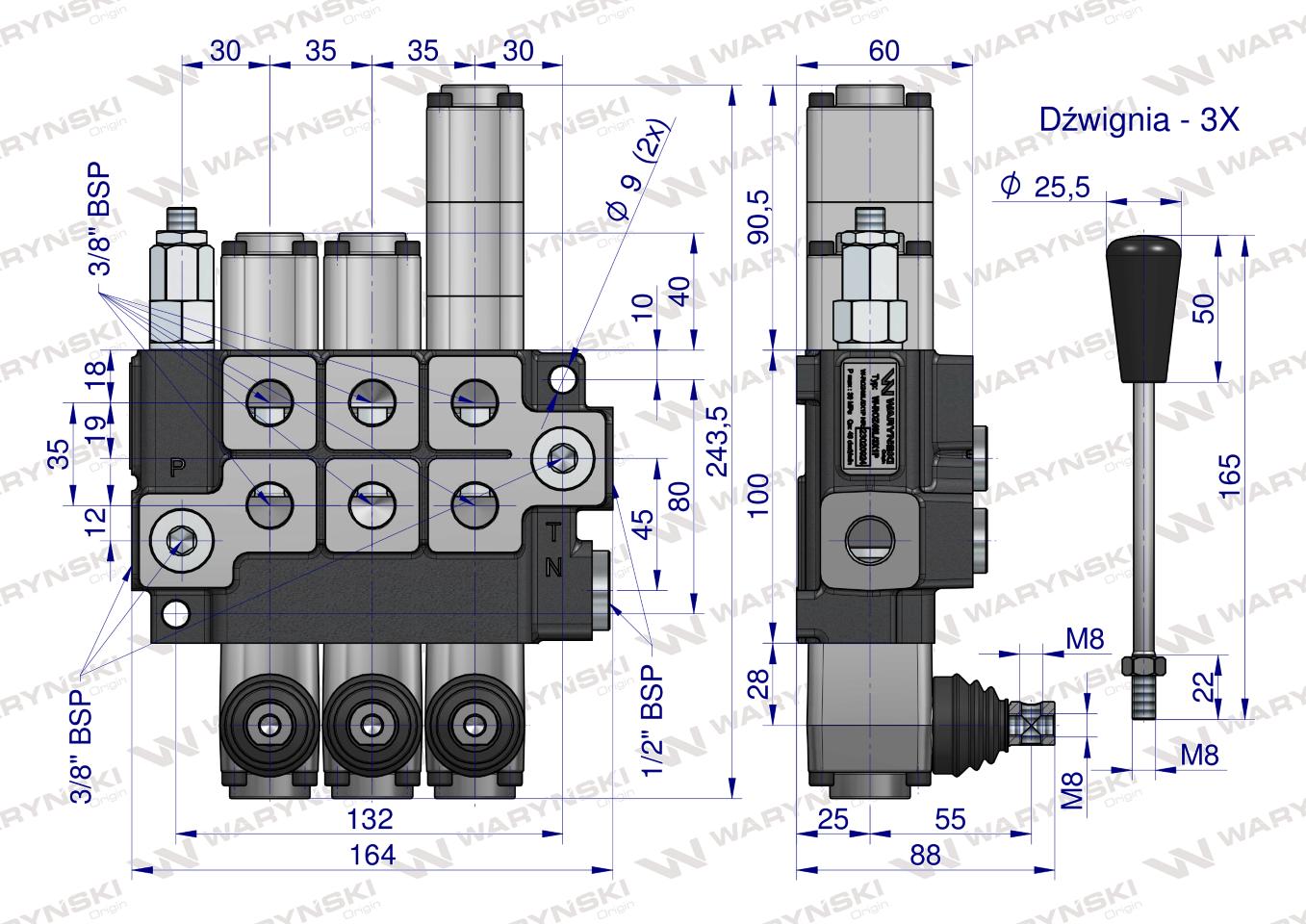 Rozdzielacz hydrauliczny 3-sekcyjny max przepływ 40L 1-sekcja pływająca  Waryński