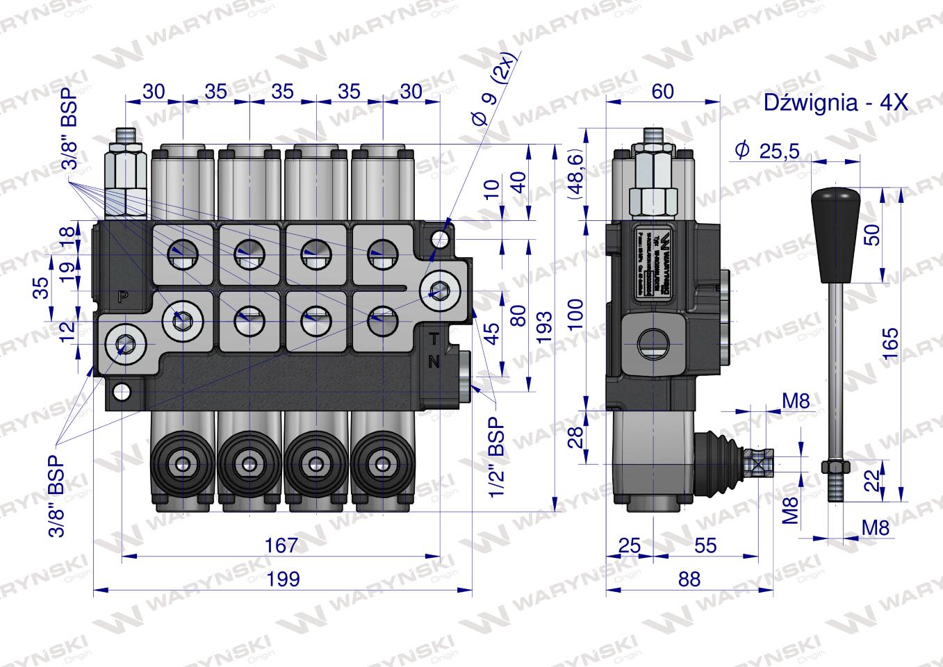 Rozdzielacz hydrauliczny 4-sekcyjny max przepływ 40L (1-sekcja nurnikowa) Waryński