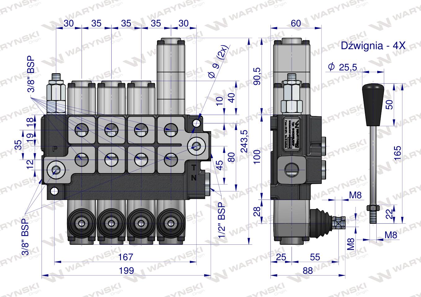 Rozdzielacz hydrauliczny 4-sekcyjny max przepływ 40L (1-sekcja pływająca) Waryński