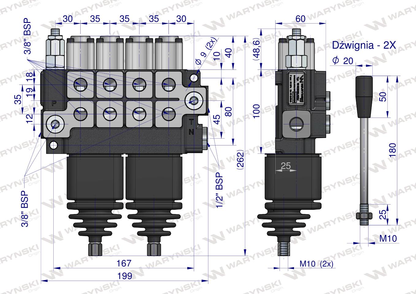 Rozdzielacz hydrauliczny 4-sekcyjny max przepływ 40L (2 sekcje x 1 dźwignia + 2 sekcje x 1 dźwignia) Waryński