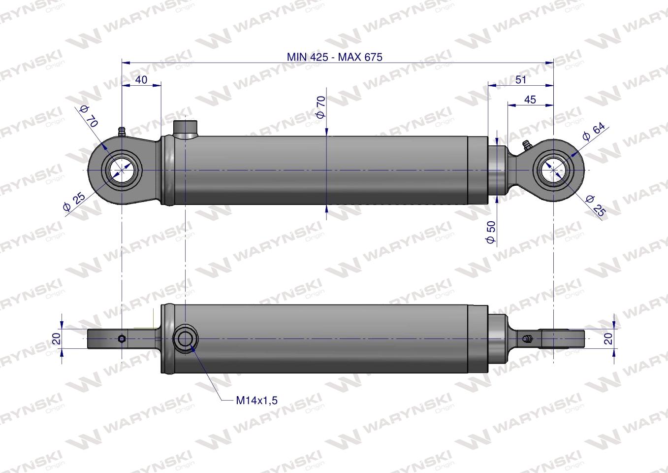 Cylinder hydrauliczny - siłownik jednostronny  pomocniczy do Zetor (SMN.50.250; 70118033; 701180451/PL) Waryński