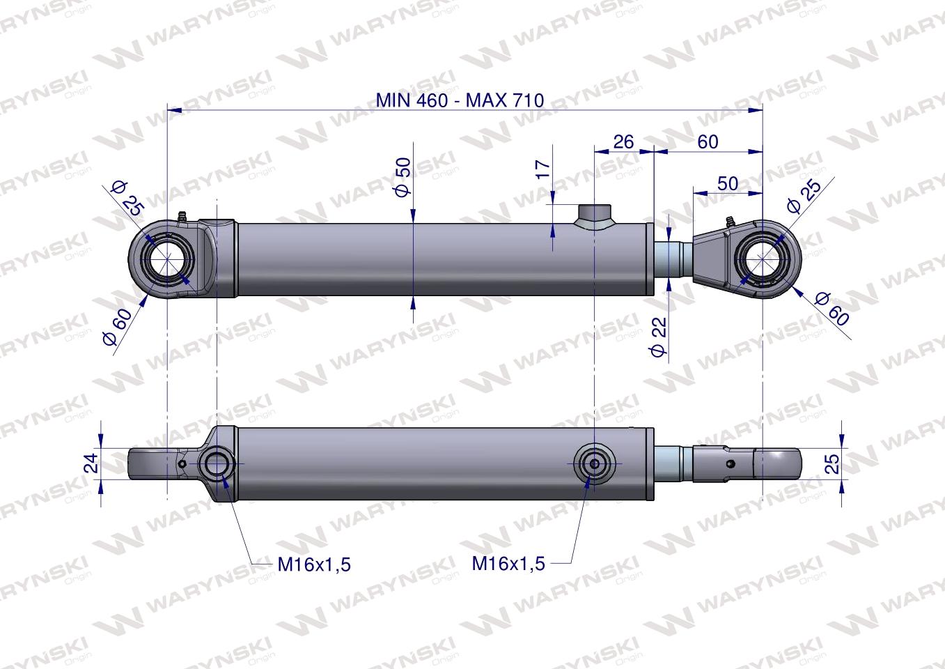 Cylinder hydrauliczny - siłownik dwustronny wysuwu motowideł (5040995390. CJ2F16/40/22/250z.  5040995130) Bizon Waryński